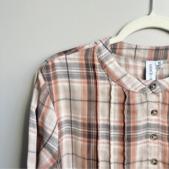 Grace‎ Karma Top Women's Medium New NWT Plaid Neutral Cotton Gauze Scandi Earthy - Picture 7 of 12